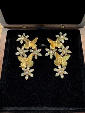 Jennifer Behr Gold Butterfly and Crystal Flower Drop Earrings